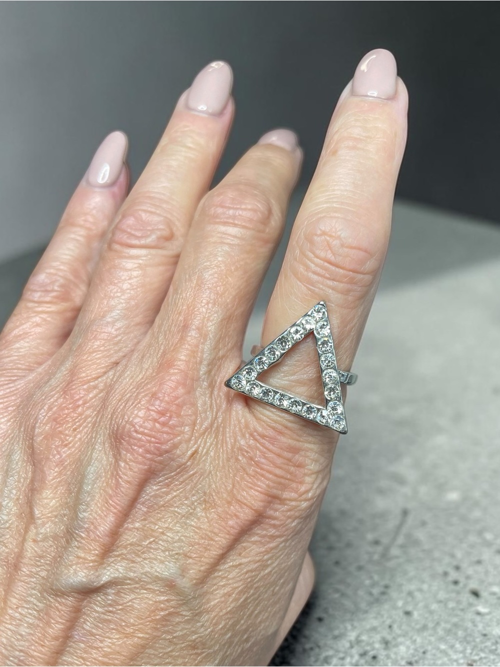 Silver Tone Open Triangle Delta Pavé Rhinestone Statement Ring Size 7.75